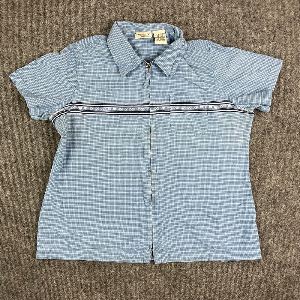 Faded Glory Shirt Womens Size 18W-20W Blue Zip Front Collared Short Sleeve Retro